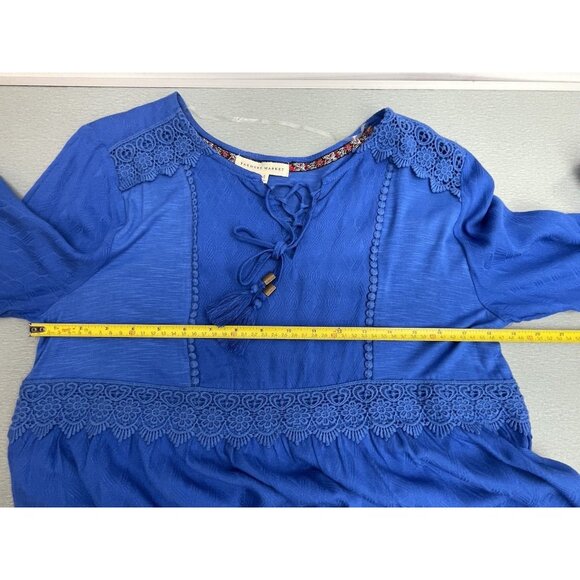 Farmers Market Women's Blouse Petite Medium 100% Rayon Lace V-Neck Boho Blue - Picture 7 of 13